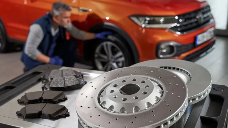 Zwei gelochte Bremsscheiben und Bremsbeläge auf einem Tisch, im Hintergrund ein Mann mit blauen Handschuhen neben einem orangen Auto