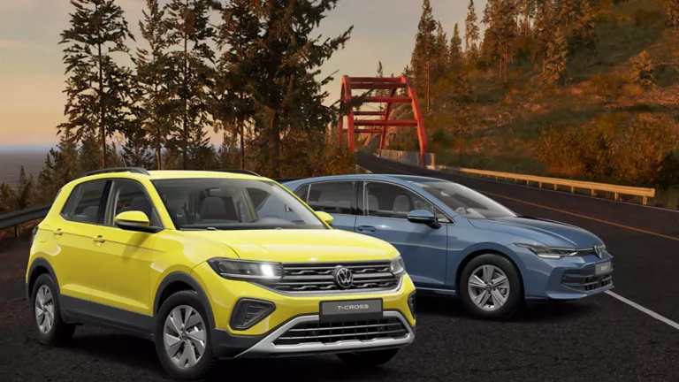 Zwei VW Modelle, im Hintergrund ein Wald