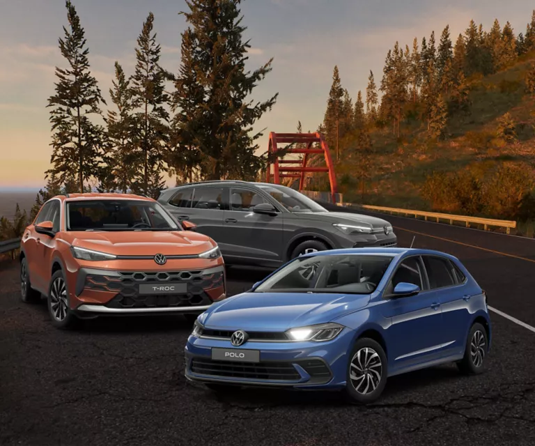 Zwei VW-Modelle vor einem Wald