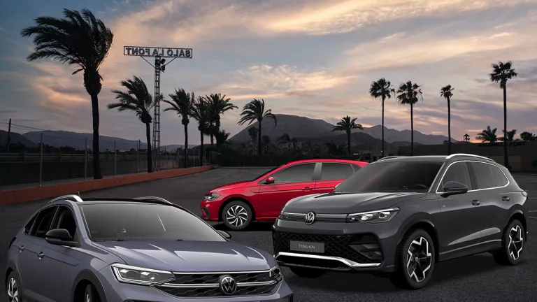 Drei VW-Modelle, genauer gesagt ein Taigo, ein Polo und ein Tiguan die vor Palmen stehen, die sich im Sonnenuntergang im Wind wiegen.