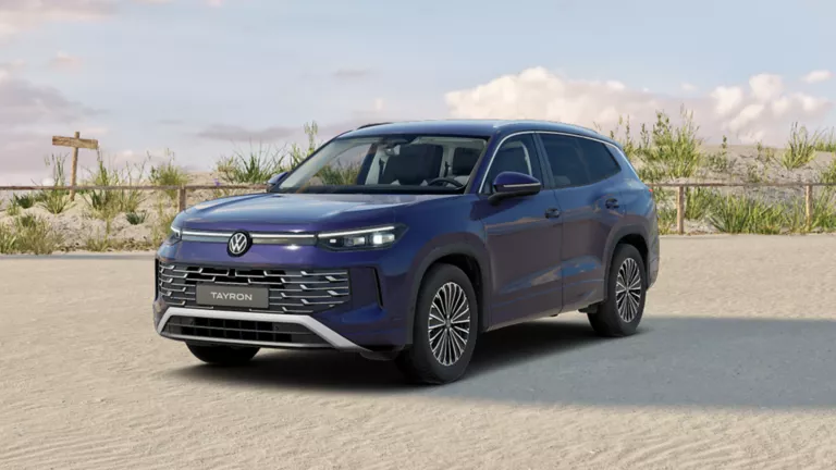 Lila VW Tayron, 3/4 Ansicht, auf naturlichen Hintergrund