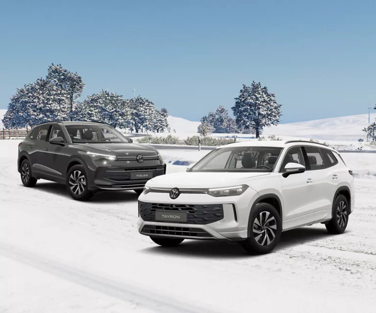 Zwei VW-Modelle stehen vor Winterlandschaft