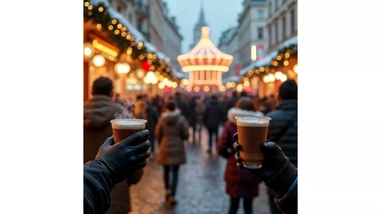 Zwei Hände rmit Handschuhe halten ein Getränk in der hand auf dem Weihnachtsmarkt