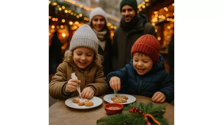 Zwei Kinder mit WInterjacken und Mütze verzieren Lebkuchenmänner