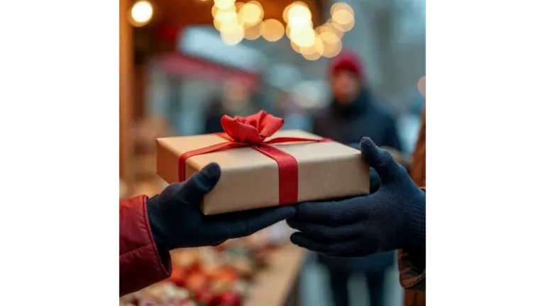 Zwei Hände halten ein Geschenk mit brauen Papier und einer roten Schleife