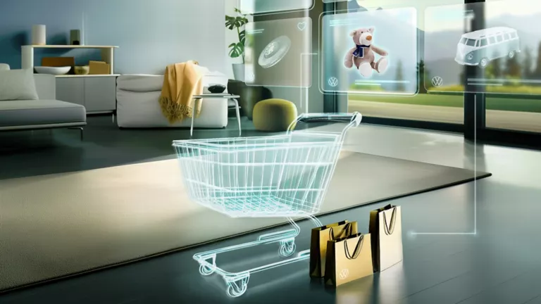 Virtueller Einkaufswagen und Produkticons wie Teddybär und VW-Bus in modernem Wohnzimmer mit Einkaufstüten auf dem Boden