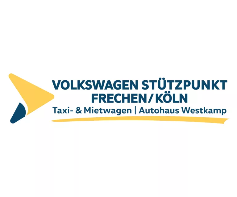 Logo mit Schriftzug: Volkswagen Stützpunkt Frechen/Köln, Taxi- und Mietwagen,    Autohaus Westkamp 