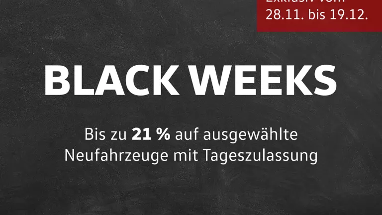 Weiße Schrift auf schwarzem Grund: Black Weeks vom 28.11. bis 19.12.