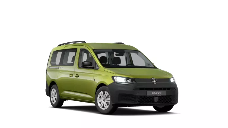 Ein grüner VW Caddy ist von der rechten Seite zu sehen.