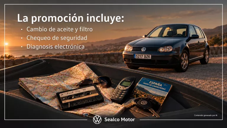 Un volkswagen Golf azul a la luz del atardecer