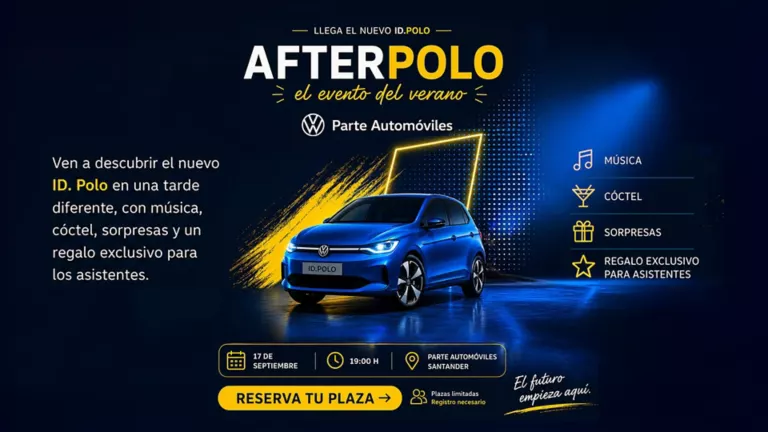 Imagen del evento After Polo con un coche azul sobre fondo negro y textos del evento