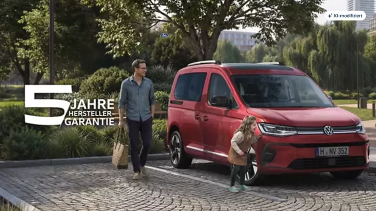 Wir sehen eine Familie vor einem roten Caddy auf einem gepflasterten Parkplatz in der Großstadt.