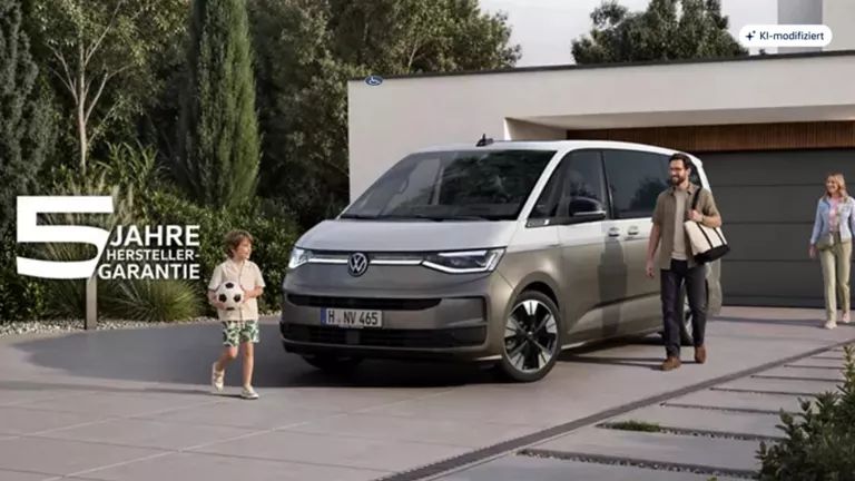 Wir sehen eine Familienvater mit einem Jungen deren Multivan vor der Garage eines modernen Wohngebäudes steht. 