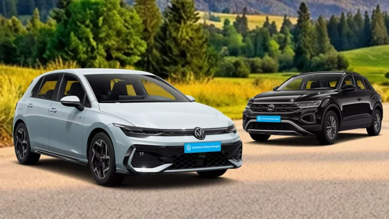 Zwei Volkswagen Modelle stehen auf einem ländlichen Schotterplatz vor einer bewaldeten Hügellandschaft.