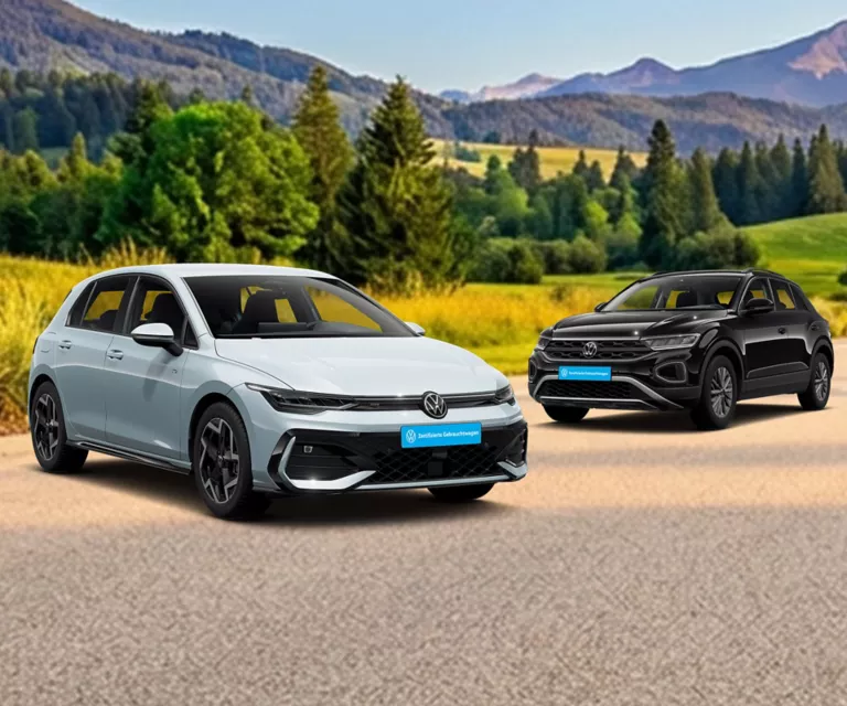 Zwei Volkswagen Modelle stehen auf einem ländlichen Schotterplatz vor einer bewaldeten Hügellandschaft.