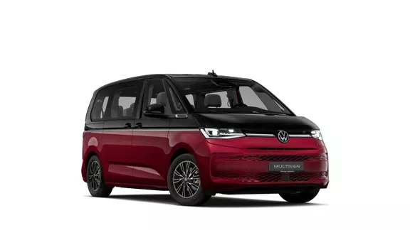 Ein schwarz roter VW Multivan ist von der linken Seite zu sehen.