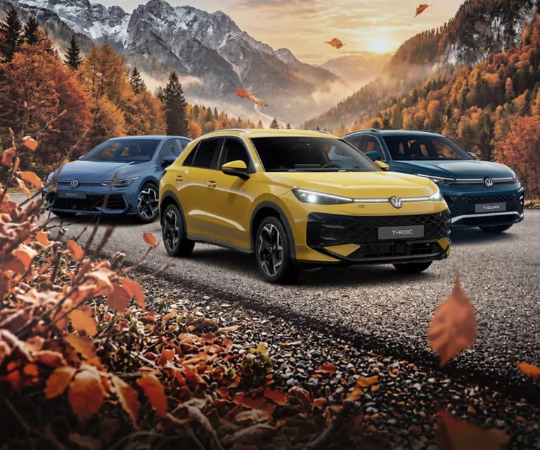 VW Golf, VW T-Roc und VW Tiguan stehen nebeneinander auf einer Straße. Im Hintergrund sieht man eine Bergkette und einen Wald der schon Herbstfarben angenommen hat.