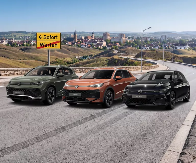Ein VW Tiguan, VW T-Roc und VW Golf parken an einer Straße. Im Hintergrund sieht man eine Stadt.