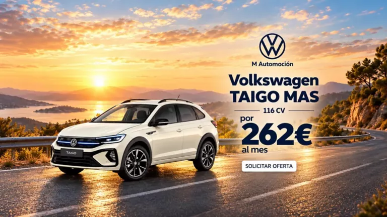 Volkswagen Taigo Más blanco con fondo de atardecer
