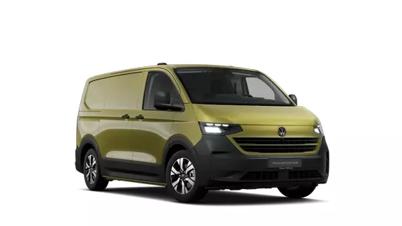 Ein grüner VW Transporter Kasten ist von der rechten Seite zu sehen.