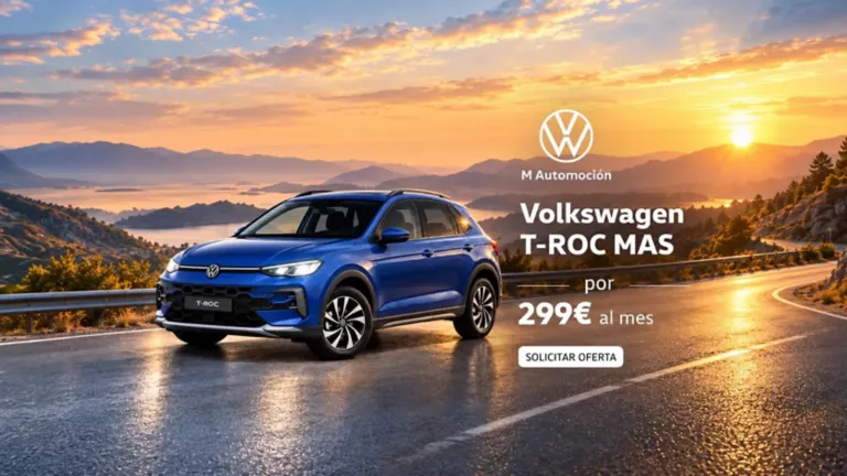Volkswagen T-Roc azul sobre fondo atardecer