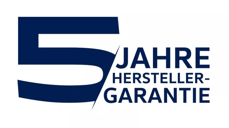 Weiße Aufschrift 5 Jahre Herstellergarantie auf blauem Grund