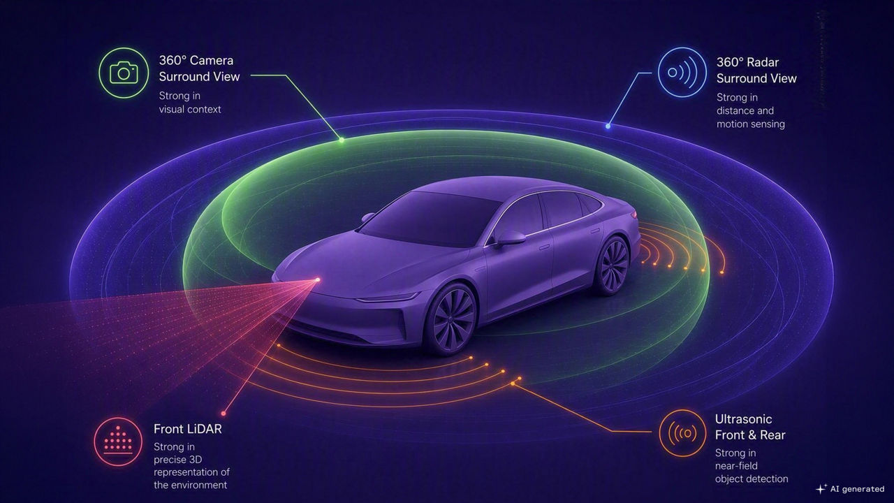Illustration of a connected vehicle surrounded by multiple sensing technologies, including a 360° camera, radar, front lidar and ultrasonic sensors. The graphic visualizes how different sensors provide complementary perspectives to enable environmental perception and automated driving.