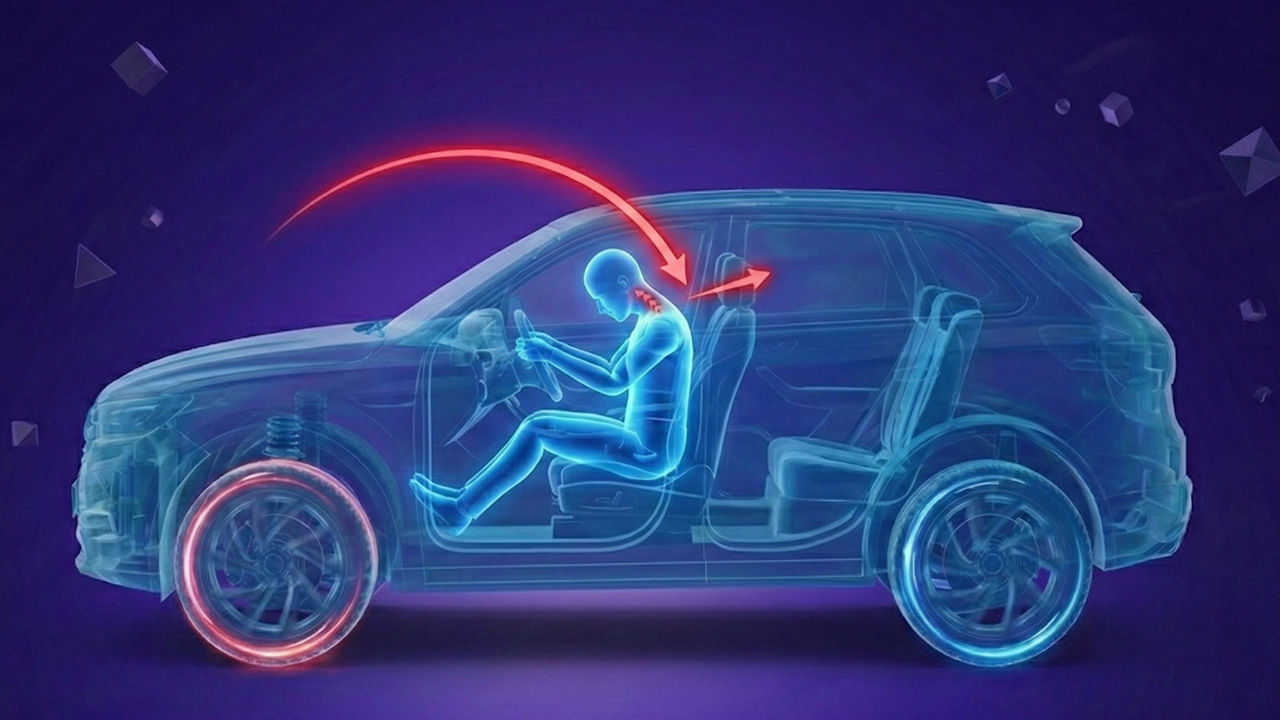 ransparent vehicle with human model showing neck and upper‑body motion under braking.