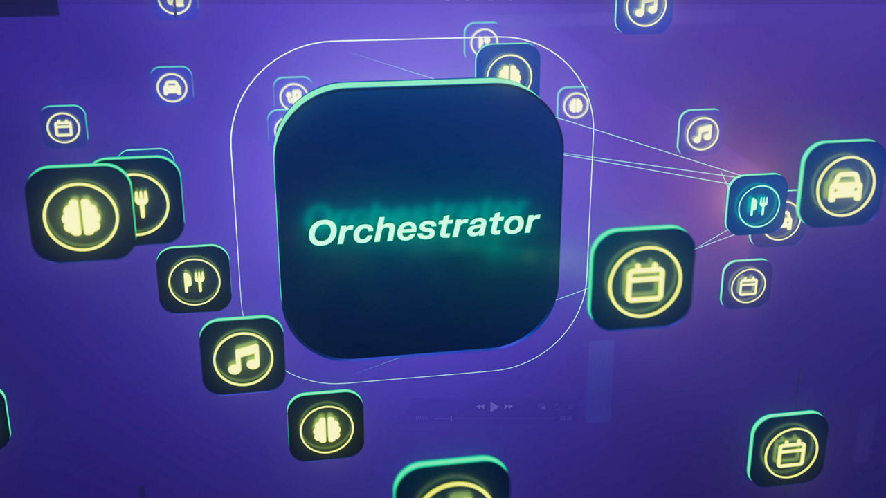 Digital interface with central 'Orchestrator' icon surrounded by symbols for music, calendar, car, and food on a purple-blue gradient background