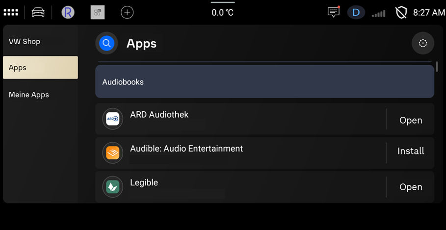 Screenshot of the Volkswagen Application Store within the in‑car infotainment system. The view highlights the “Audiobooks” category, showing apps such as ARD Audiothek, Audible, and Legible with install and open statuses. The dark, vehicle‑optimized user interface features clear typography, recognizable app icons, and system status information like time and temperature, emphasizing seamless integration into the vehicle operating system.