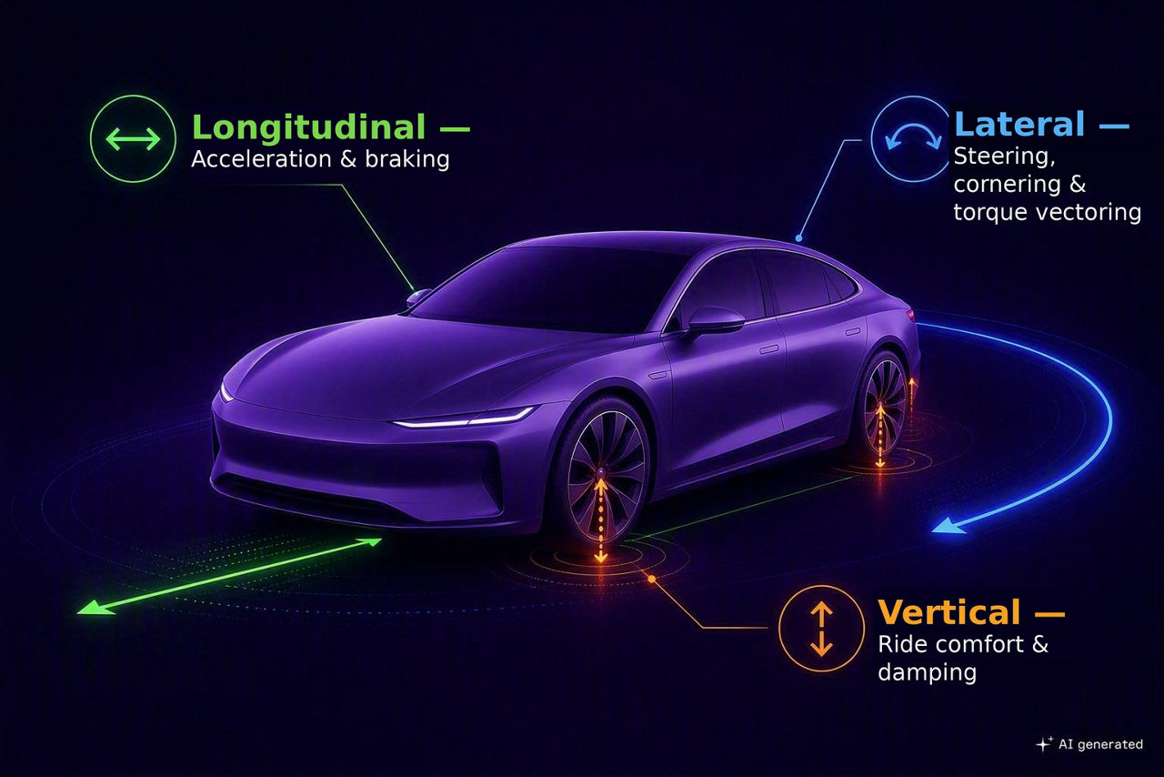 Software-defined driving dynamics visualized through longitudinal, lateral, and vertical vehicle motion, including acceleration, steering, torque vectoring, and ride comfort.