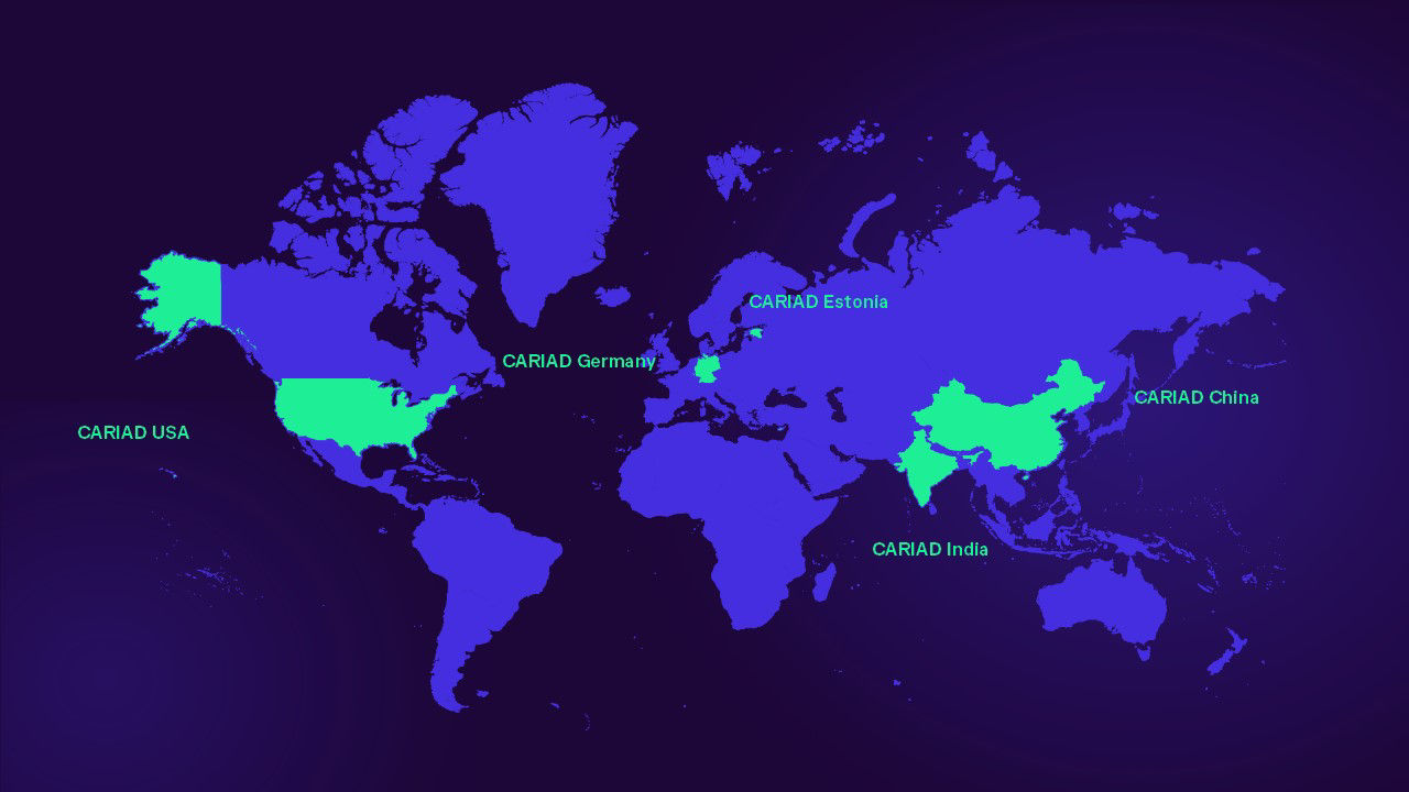 World map with USA, Germany, Estonia, India, and China highlighted in green, labeled 'CARAD' followed by the country name.