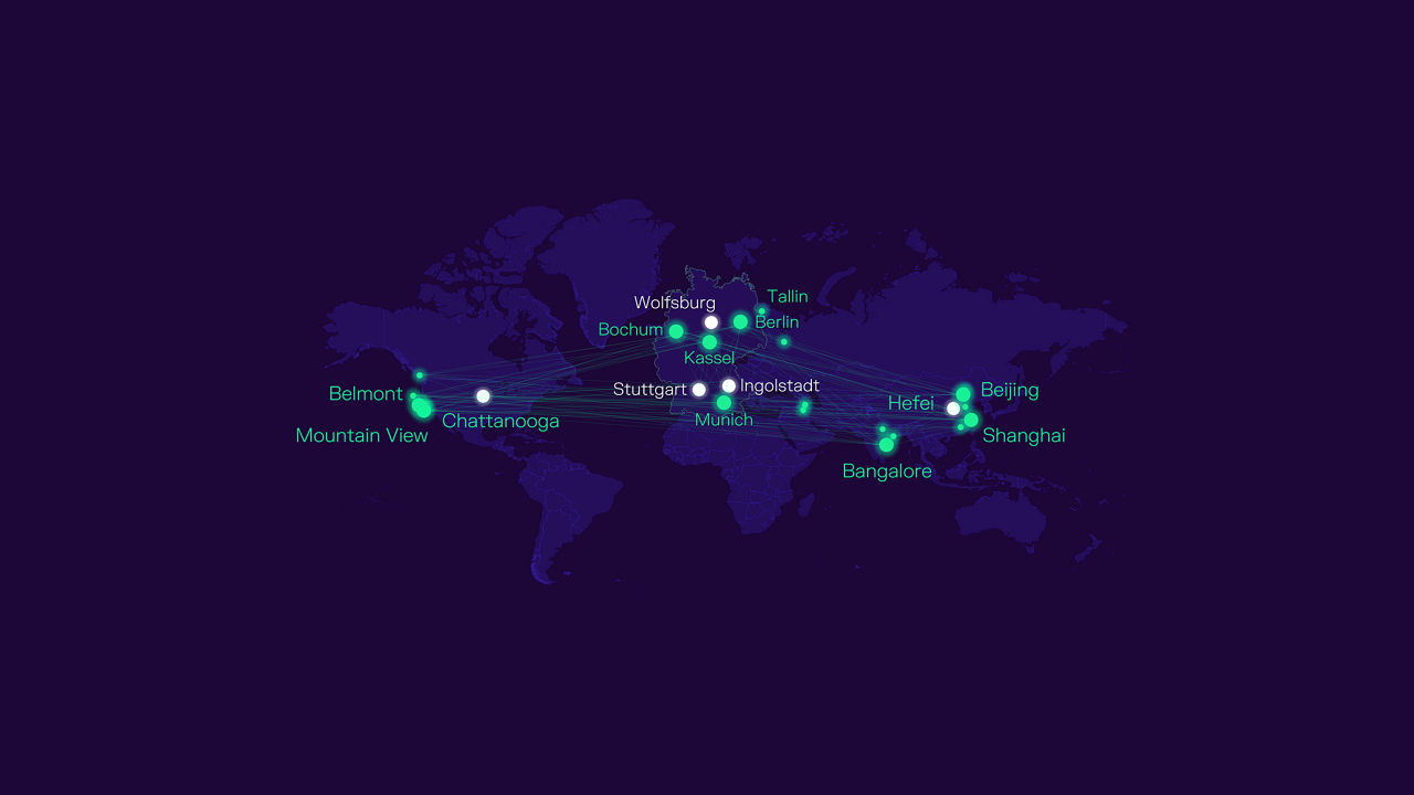 Global map visualizing connected CARIAD technology hubs in Germany, China, India, and the USA.