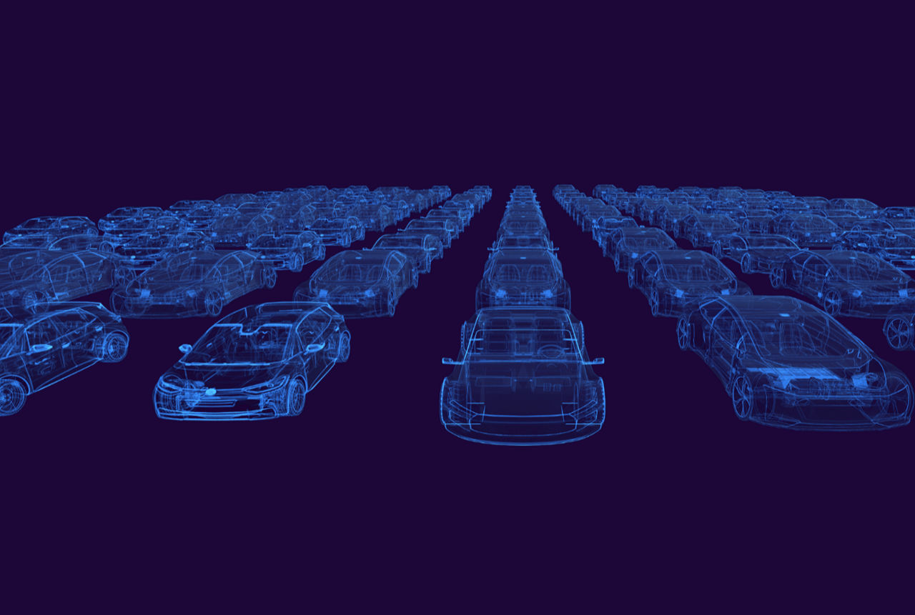 Digital rendering of multiple rows of blue wireframe cars against a dark background, creating depth and perspective