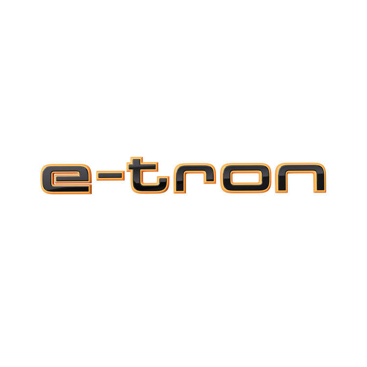 e-tron logo in black on dynamic orange