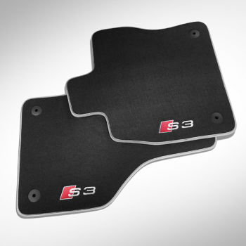 Premium textile floor mats, for the front and rear, black/silver-grey, with the "S7" logo in silver-grey/red