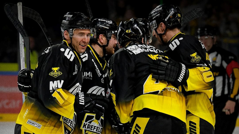 Jubelnde Eishockey-Spieler auf dem Eisplatz