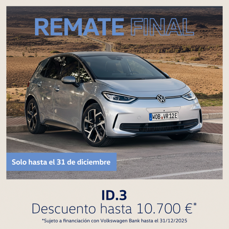 Volkswagen id.3 blanco vista frontal. Descuentos especiales campaña remate final, solo hasta el 31 de diciembre, con hasta 10.700€ de descuento. Sujeto a financiación con Volkswagen Bank