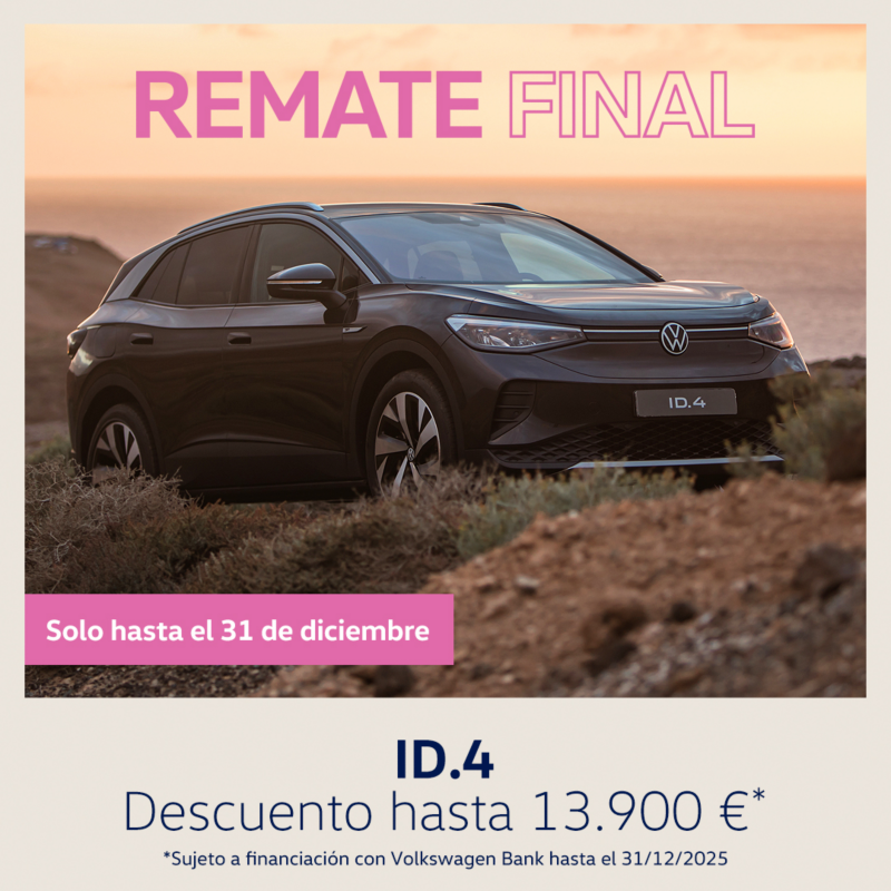 Volkswagen id4 gris vista frontal. Descuentos especiales campaña remate final, solo hasta el 31 de diciembre, con hasta 13.900€ de descuento. Sujeto a financiación con Volkswagen Bank