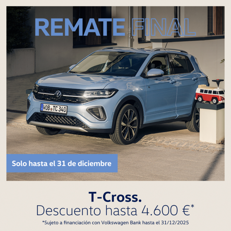 T-Cross promoción, color azul, vista lateral derecha. Texto promoción: Desde 18.600€. Sujeto a financiación con Volkswagen Bank.