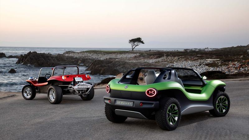 Volkswagen concept car ID Buggy parked outside at the beach