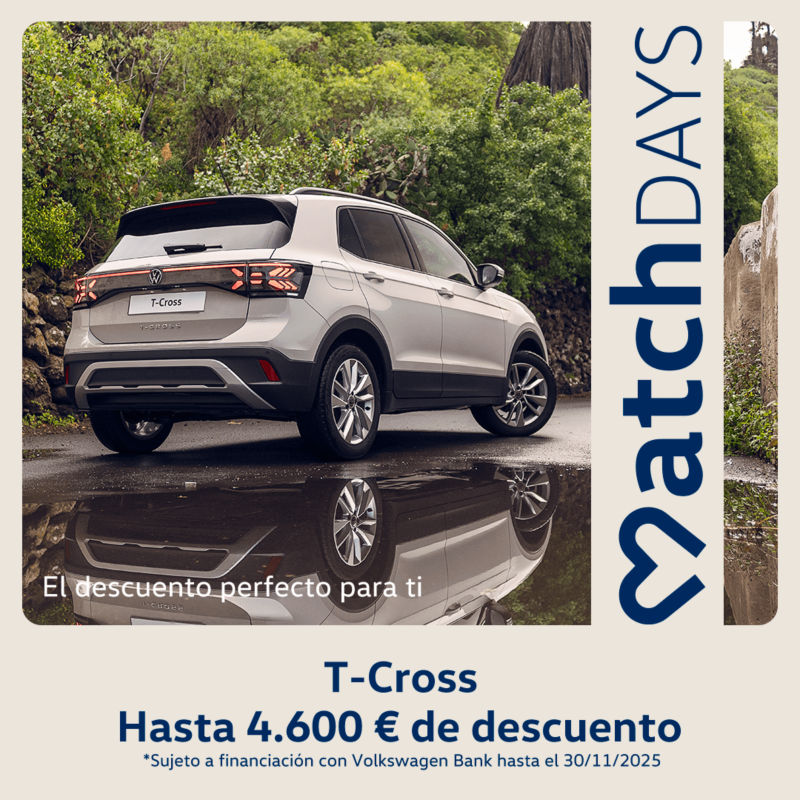 T-Cross promoción, color azul, vista lateral derecha. Texto promoción: Desde 18.600€. Sujeto a financiación con Volkswagen Bank.