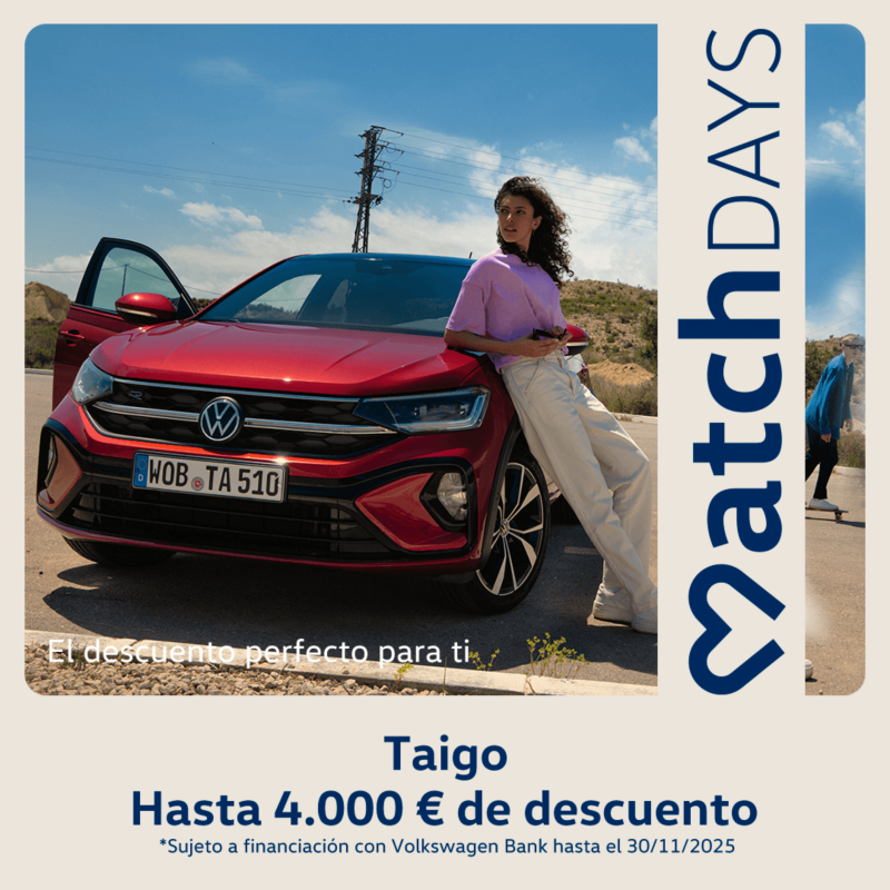 Volkswagen Taigo verde, vista lateral izquierda. Texto promoción: Desde 17.800€. Sujeto a financiación con Volkswagen Bank.
