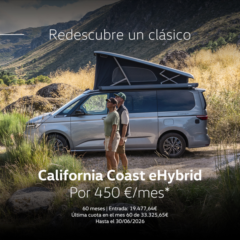 Campaña Always OnCalifornia Coast eHybrid 2026. Coche blanco y azul vista delantera izquierda. Por 450€/mes. Entrada: 19.135,90€. 60 meses. Última cuota en el mes 60 de 33.325,65€. Hasta el 31/05/2026.