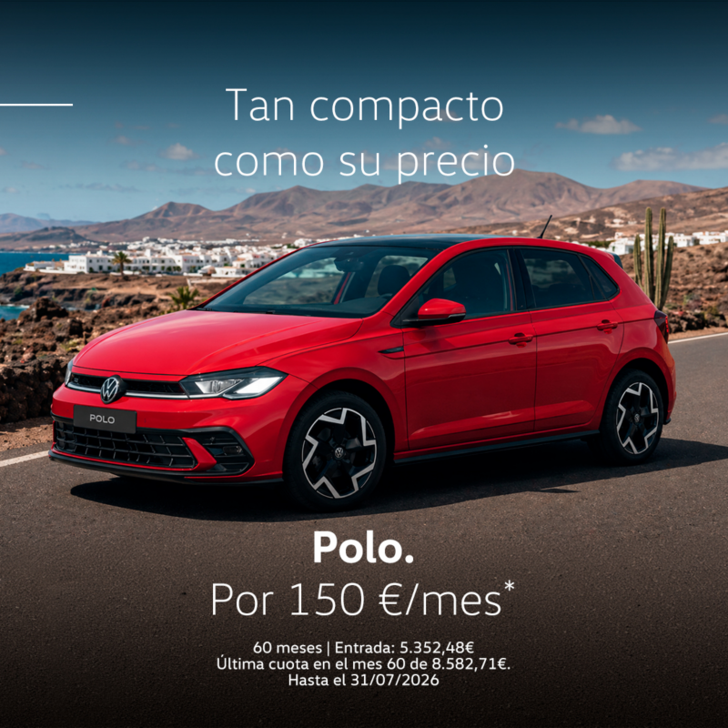Volkswagen Polo azul, vista lateral izquierda. Texto promoción: Desde 17.600€. Sujeto a financiación con Volkswagen Bank.