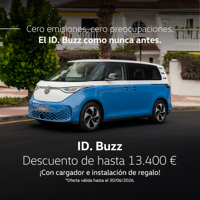 Campaña Always on ID BUZZ 2026. Coche blanco y azul vista lateral derecha. Descuento de hasta 13.450€ con cargador e instalación de regalo. Oferta válida hasta el 31/05/2026