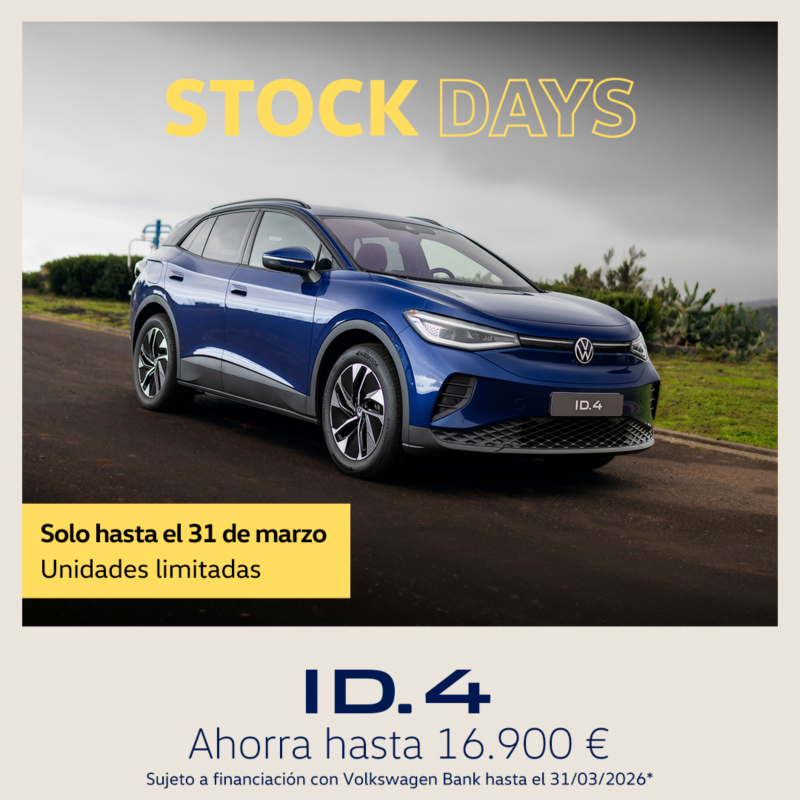 Volkswagen id4 azul vista lateral izquierda. Descuentos especiales campaña sotck days, solo hasta el 31 de marzo, desde 16.900€. Sujeto a financiación con Volkswagen Bank
