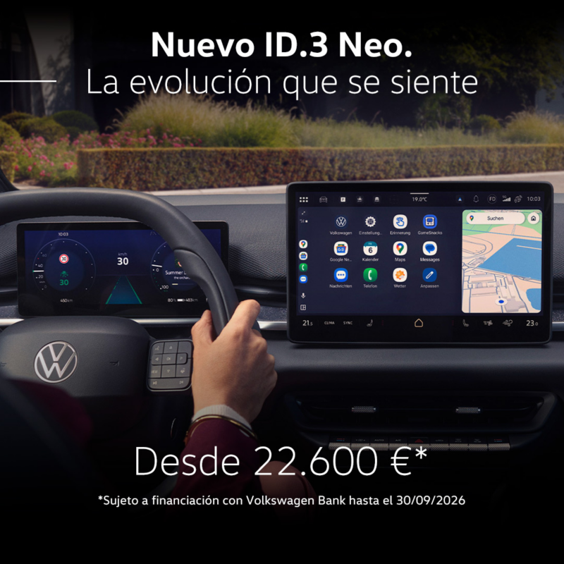 Volkswagen ID. 3 NEO gris azulado vista lateral izquierda. Desde 22.600€.  Sujeto a financiación con Volkswagen Bank hasta el 30/09/2026.