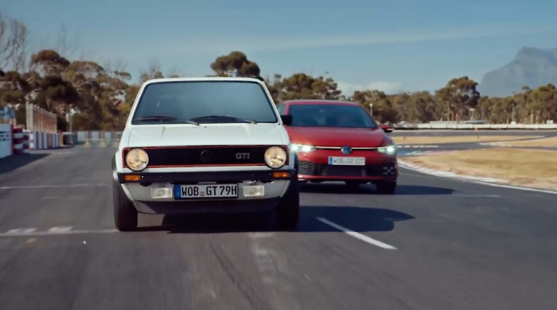 Old and new Golf GTI's racing on a track