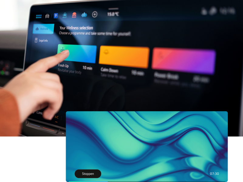 Bedienung der Wellness In-Car App über den Infotainment-Bildschirm, Auswahl des Programms "Fresh Up".